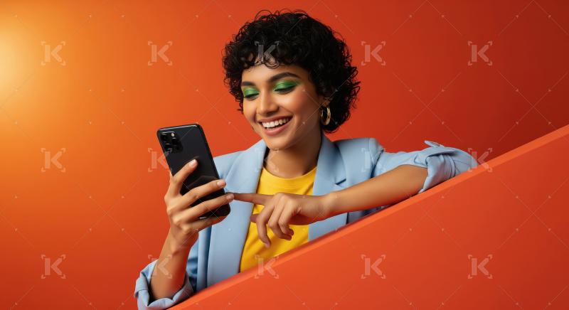 Smiling Woman Using Smartphone with Vibrant Style
