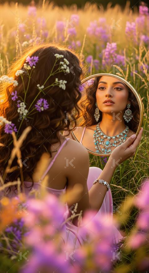 Woman Admiring Turquoise Jewelry in Mirror Amidst Wildflowers