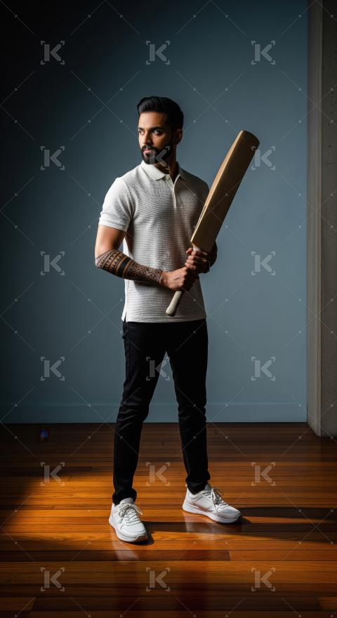 Young indian man holding cricket bat standing on isolated backgr