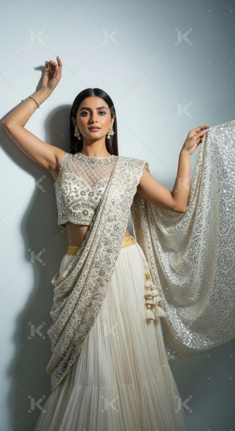 Young indian woman wearing traditional jewelery standing on isol