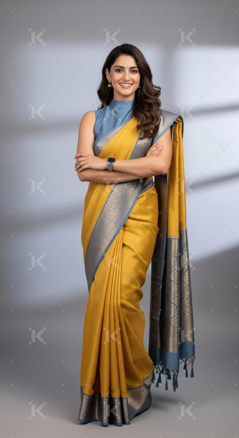 Young indian woman wearing traditional sari standing on isolated