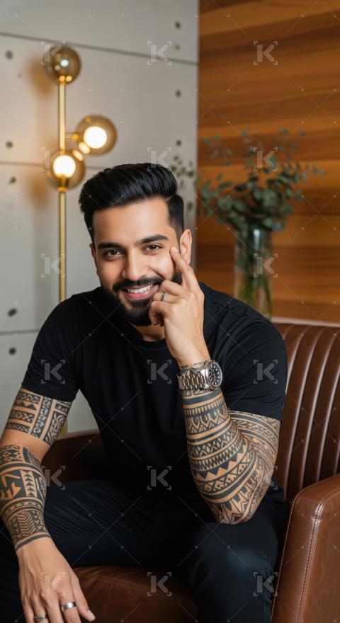 Young indian handsome man sitting on arm chair at home
