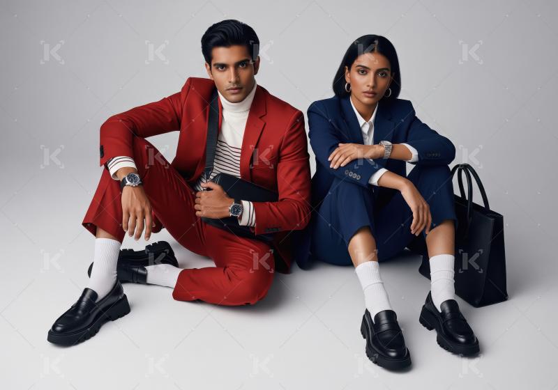 Young indian couple wearing formal suit sitting together on isol