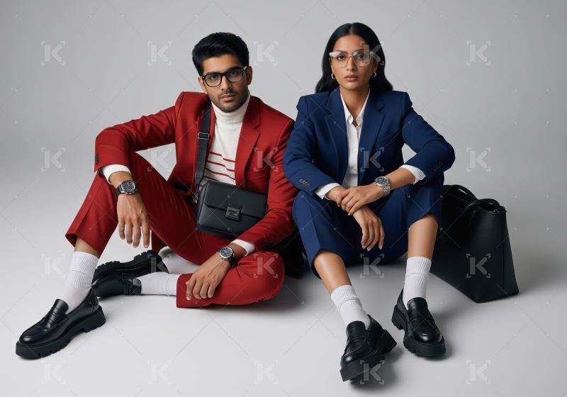 Young indian couple wearing formal suit sitting together on isol
