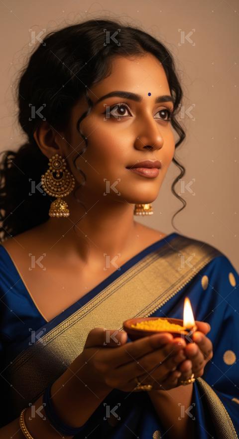 Young indian woman wearing traditional sari and holding oil lamp
