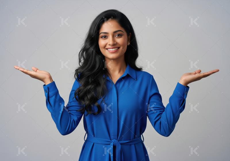 Young indian woman standing with open arm on isolated background