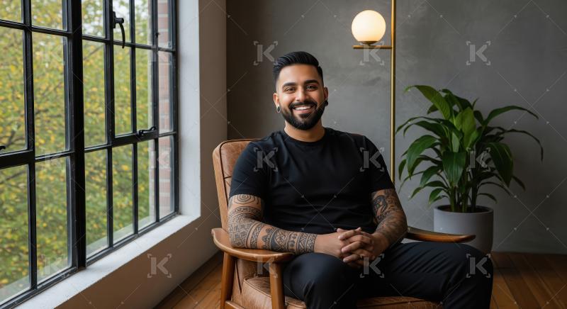 Young indian handsome man sitting on arm chair at home