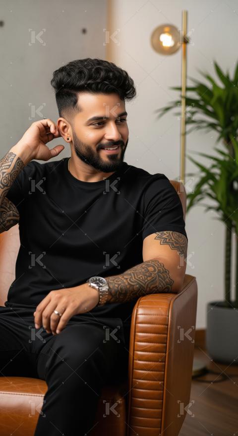 Young indian handsome man sitting on arm chair at home