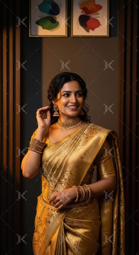 Young indian woman wearing traditional sari standing on isolated