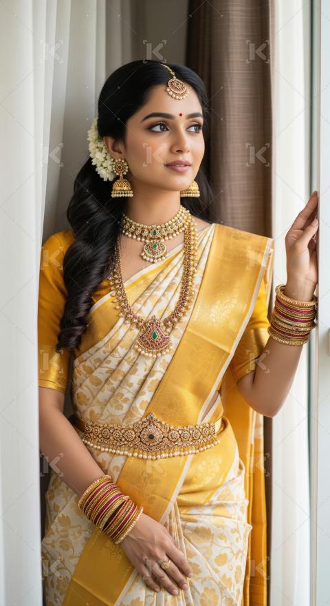Young indian woman wearing traditional sari standing on isolated