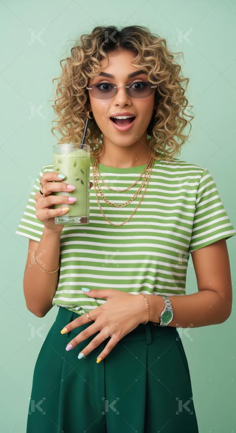Stylish young woman enjoying an iced green beverage