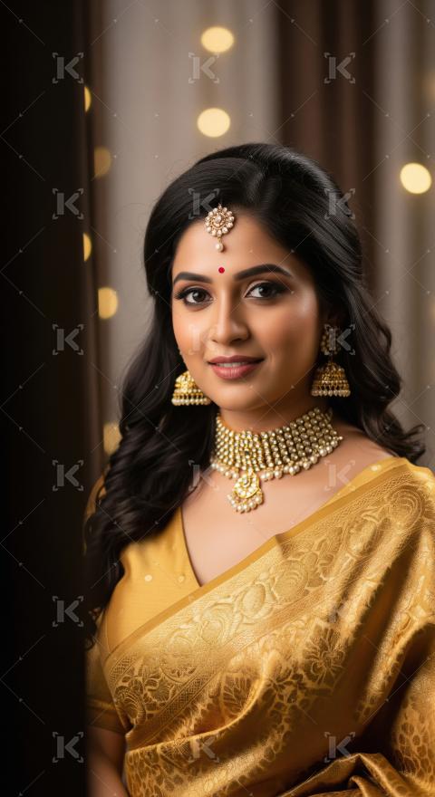 Young indian woman wearing traditional sari standing on isolated