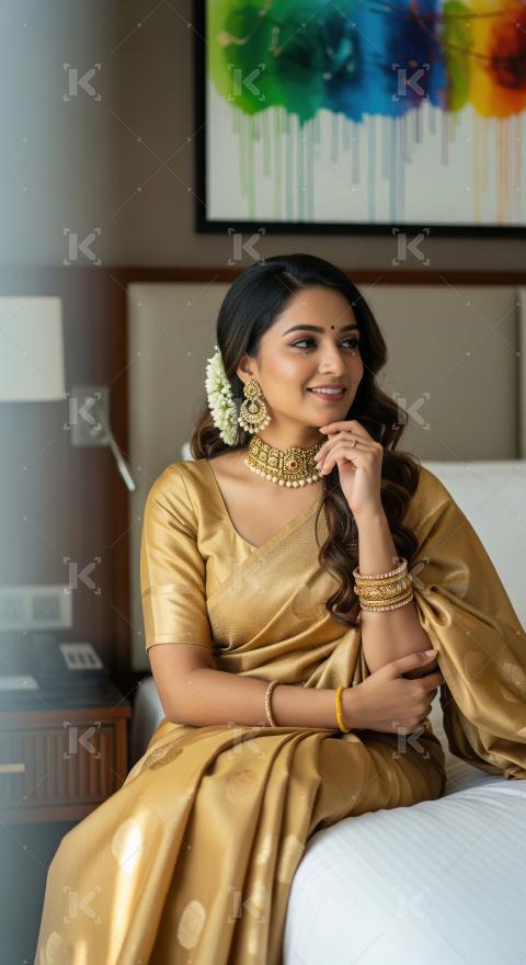 Young indian woman wearing traditional sari standing on isolated