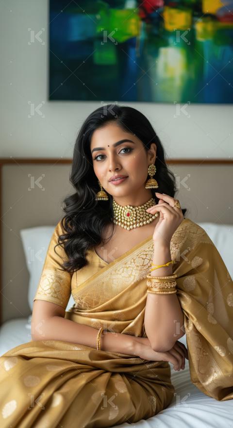 Young indian woman wearing traditional sari standing on isolated