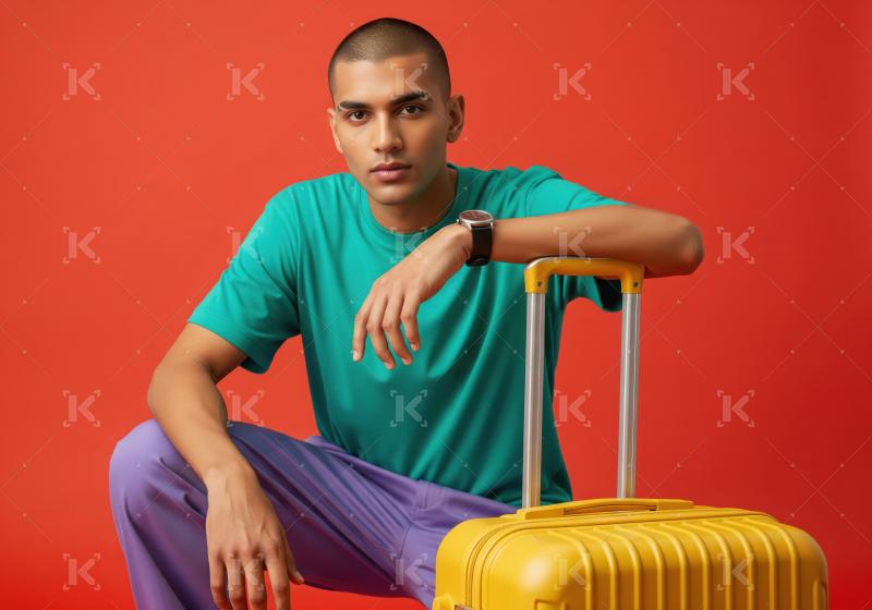 Young handsome man sitting with travelling bag on red background