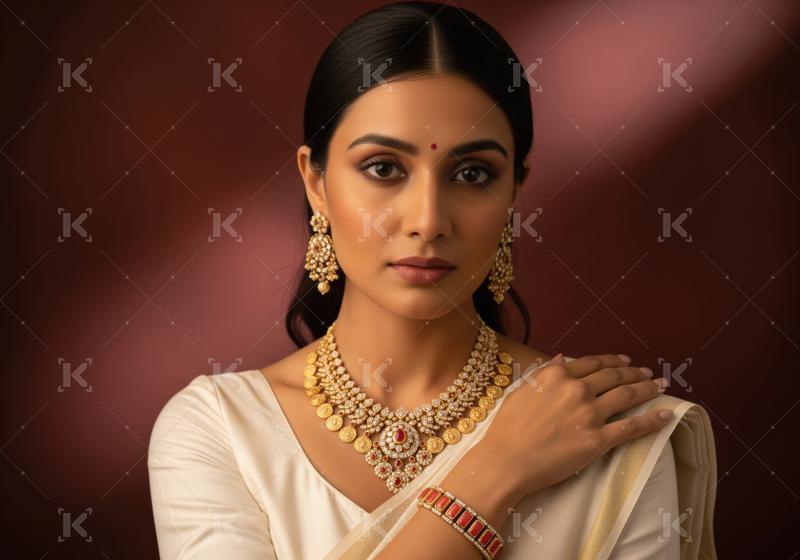 Young indian woman wearing traditional jewelery standing on isol