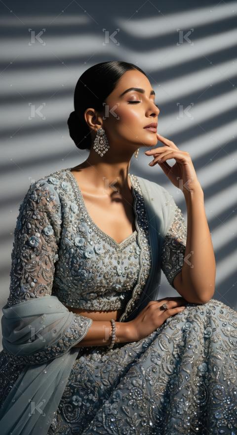 Young indian woman wearing traditional jewelery standing on isol