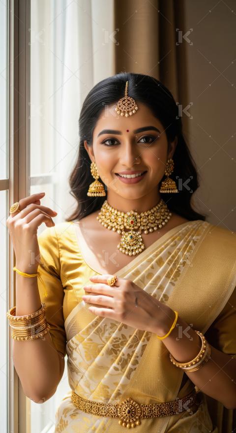 Young indian woman wearing traditional sari standing on isolated