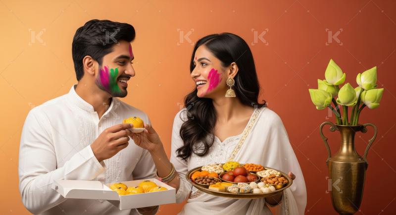 Young indian couple celebrating holi festival together eating sw