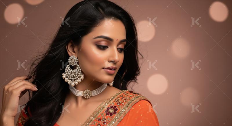 Beautiful Indian Woman in Sari with Traditional Jewelry, Serene