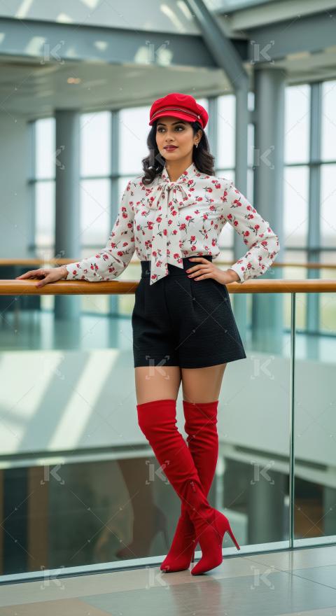 Elegant Woman in Red Cap, Floral Blouse, and Thigh-High Boots