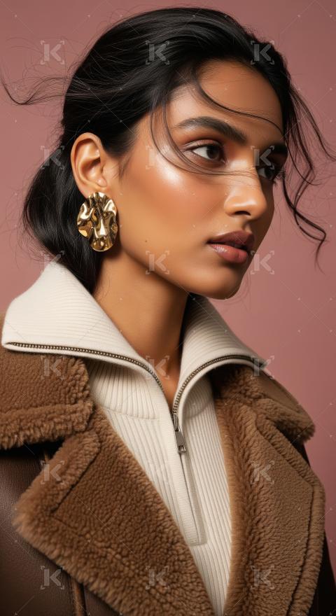 Beautiful Woman in Chic Shearling Jacket with Gold Earrings