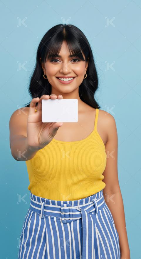 Happy Indian Woman Presenting Blank White Card