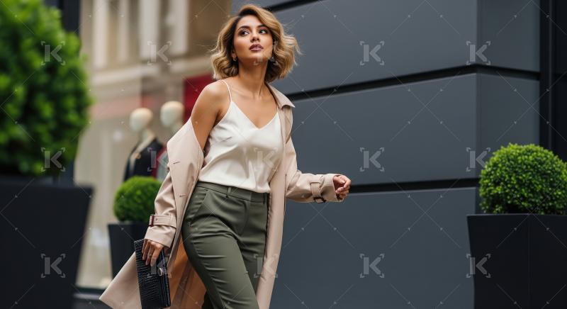 Fashionable woman in trench coat strides confidently through urb