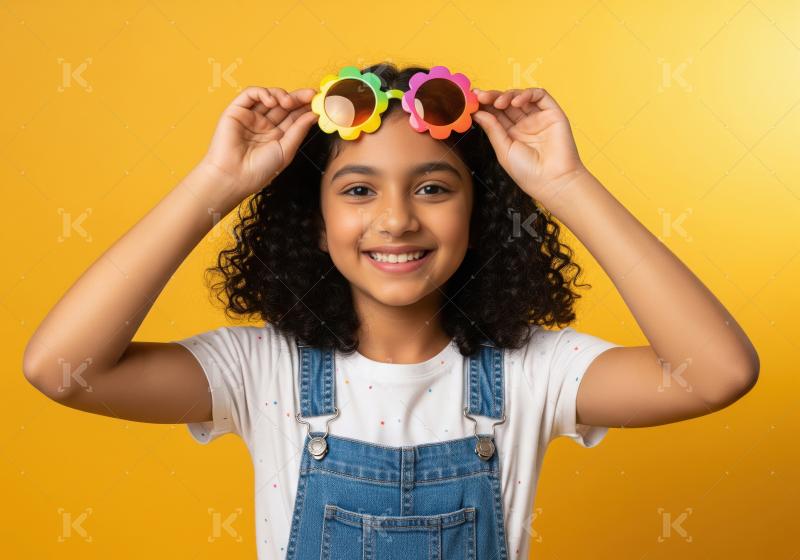 Happy Little Girl with Flower Sunglasses on Yellow Background