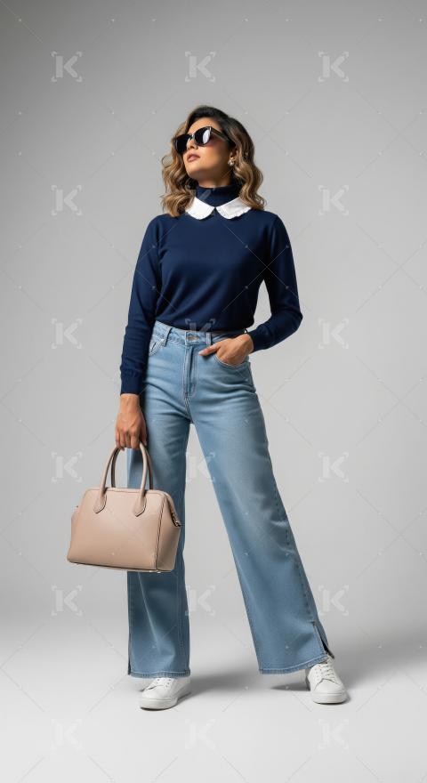 Stylish Woman in Casual Chic Outfit with Sunglasses and Handbag