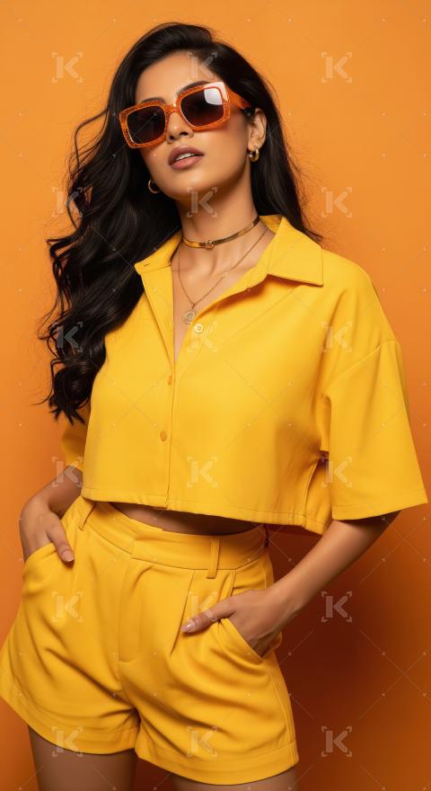 Trendy woman in yellow outfit, orange shades, and gold jewelry.