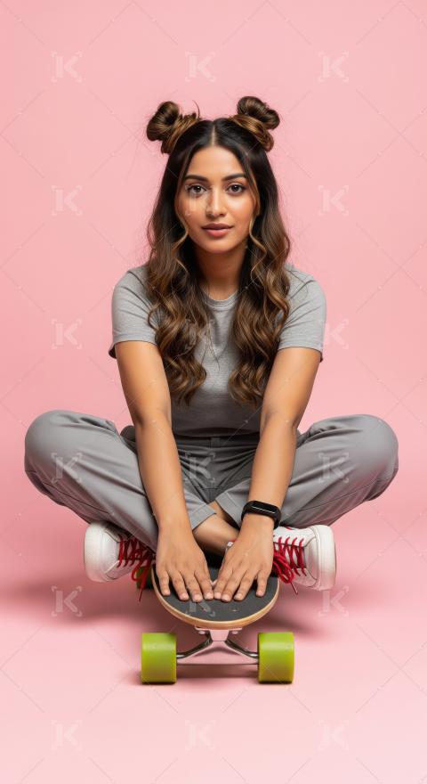 Young Woman Sitting Cross-legged on Skateboard Looking at Camera