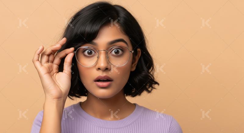 Surprised Young Indian Woman Adjusting Glasses with Wide Eyes