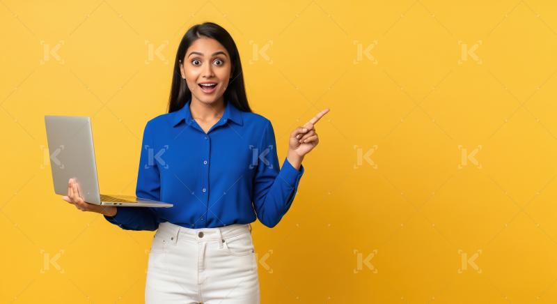 Excited Indian Woman Points, Holding Laptop on Yellow Background