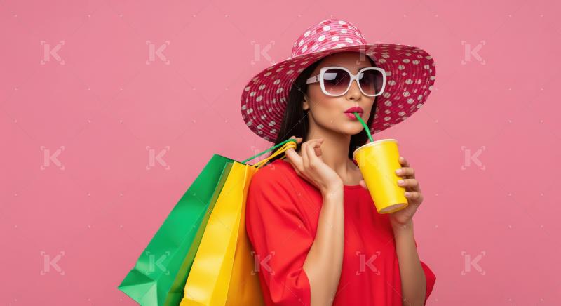 Stylish woman with shopping bags enjoys refreshing drink on pink