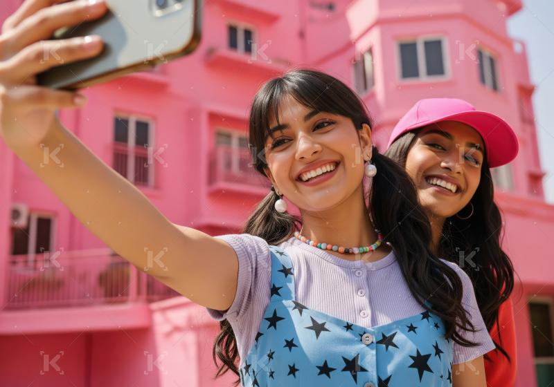 Happy friends taking selfie in front of a vibrant pink building