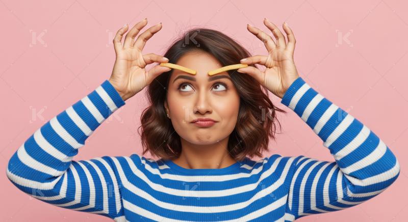 Playful Woman Uses French Fries as Eyebrows on Pink Background