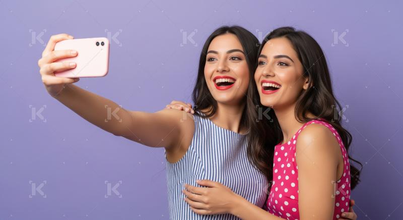 Joyful Friends Taking a Happy Selfie Together Against Purple Bac