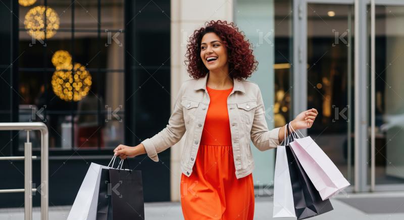 Joyful woman walking with shopping bags, enjoying retail therapy