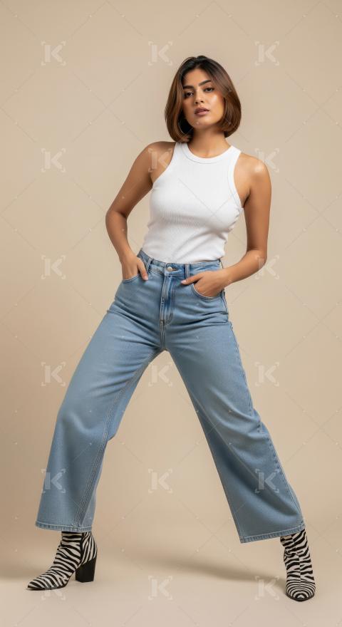 Stylish Young Woman Posing in Casual Tank Top and Jeans