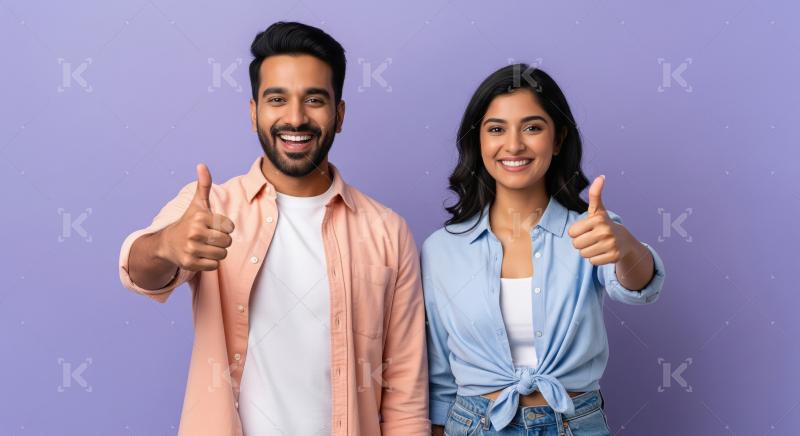 Happy Indian Couple Giving Thumbs Up, Purple Background