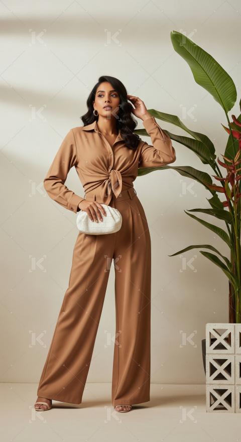 Elegant Woman in Chic Brown Co-ord Set with Clutch