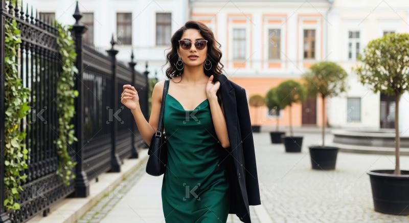 Elegant woman in green silk dress strolls city street stylishly