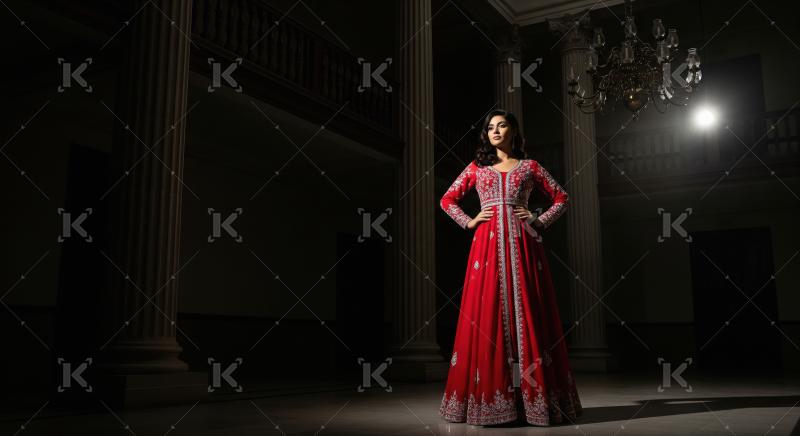 Beautiful Woman in Red Embroidered Dress in Elegant Hall