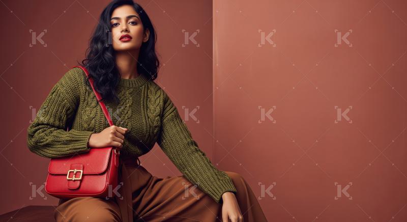 Beautiful woman wearing green sweater and vibrant red bag