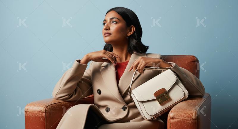 Elegant Woman in Beige Coat with Stylish Handbag Posing