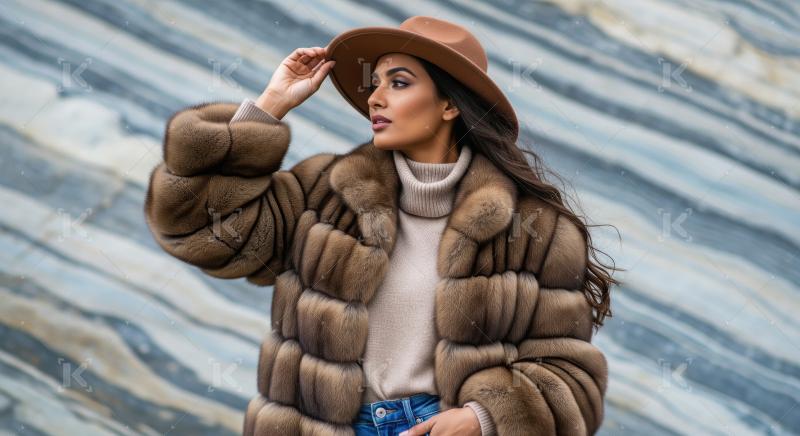 Elegant woman in luxurious fur coat and stylish hat