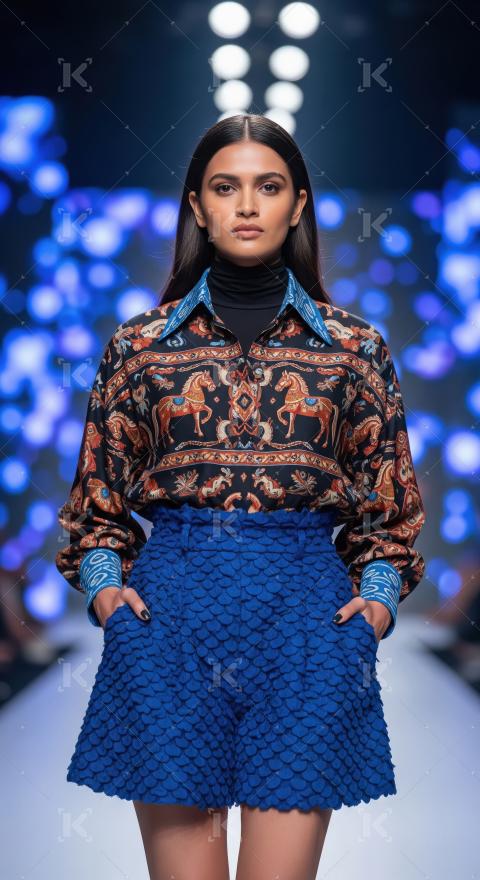Fashion Model Presents Unique Patterned Shirt and Textured Blue
