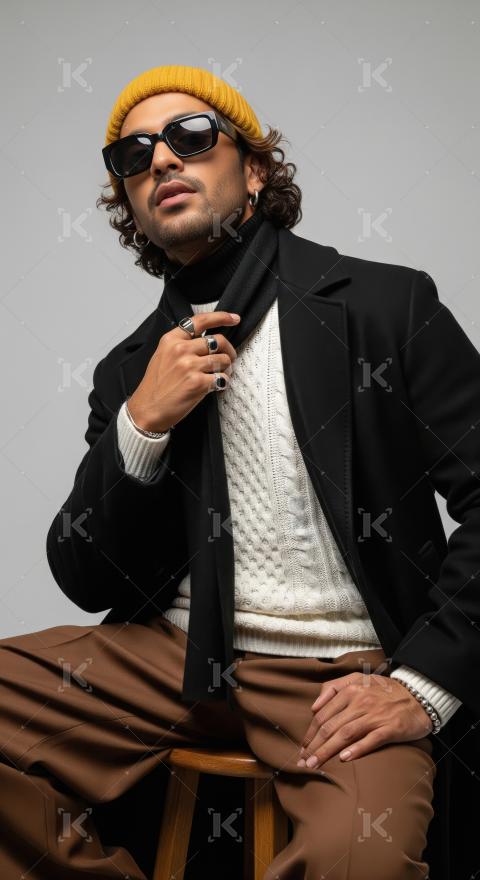 Trendy Man in Stylish Winter Attire with Beanie and Sunglasses