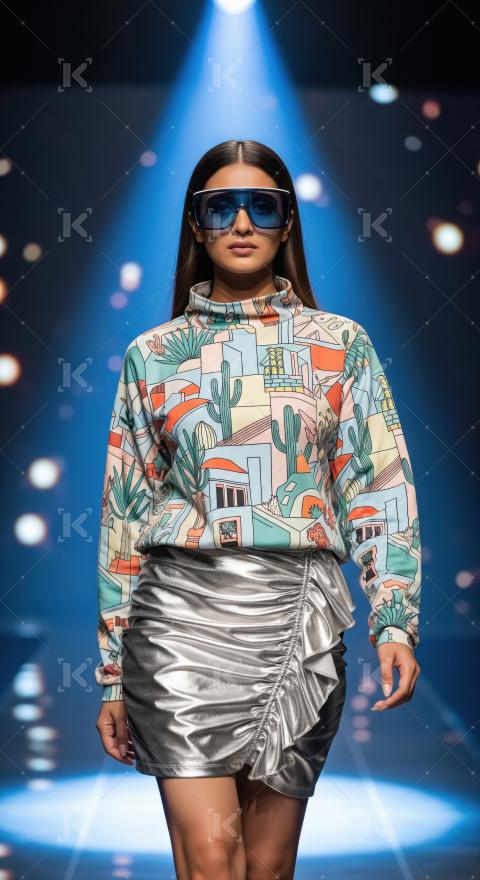 Model in bold desert print top and metallic skirt